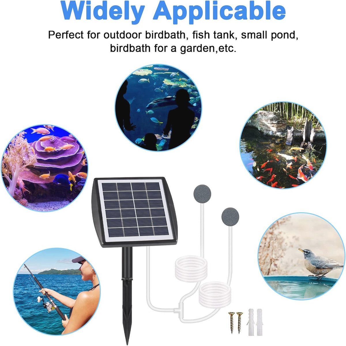 Biling Vijverbeluchter, zuurstofpomp voor vijver, zonne-energie, 2,5 W, zonne-vijverbeluchter, zuurstofpomp, luchtaquarium met accu, zuurstofvijver, ventilatiepomp, 3 modi, 2 luchtstenen voor