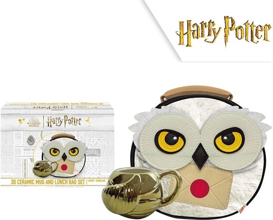 Harry Potter Geschenkset met 3D Mok (gouden kleur) en Lunchtas (3d Uil