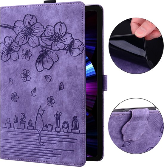 Paarse tablethoes met bloemen en kattenprint. Details van sluiting en tablet-invoeging.