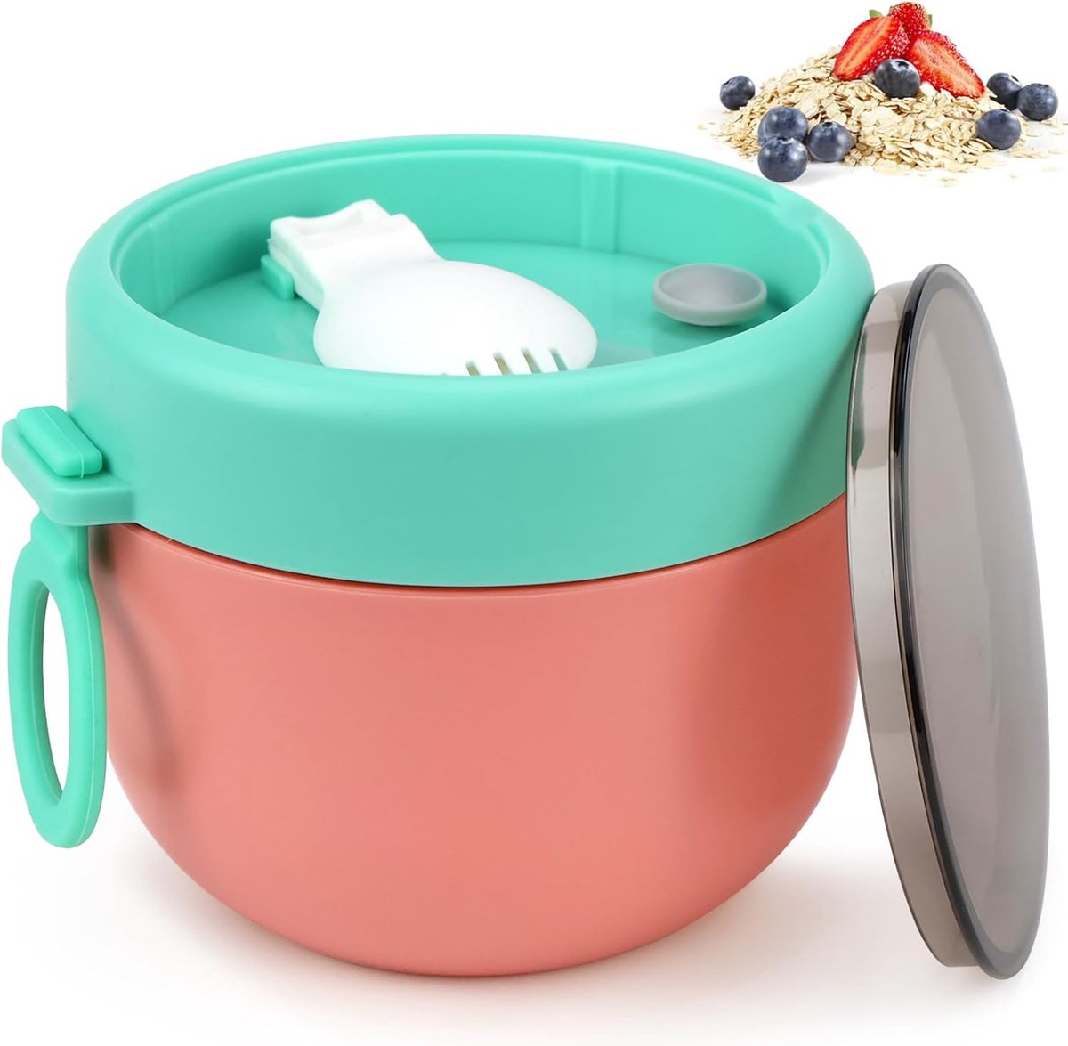 Goodivery ® Yoghurt en Muesli Beker voor Onderweg met Inklapbare Lepel - 600 ml - Rood