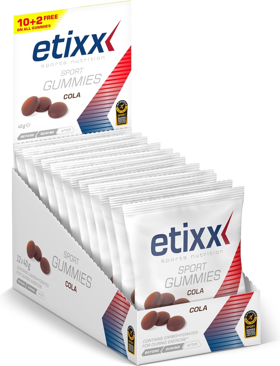 Goedkoopste Etixx Sport Gummies - Sports Nutrition - Sportsnoepje - 12X40 gram - Cola - Extra natrium (100MG) - 30G Koolhydraten - Gemakkelijk te doseren