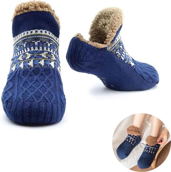 Pantoffel Sokken - Huissokken - Antislip Sokken - Warm en Zacht Antislip Gebreid Pantoffel - 1 Paar - Maat 39-42/26cm - Blauw - thermische sokken voor thuis