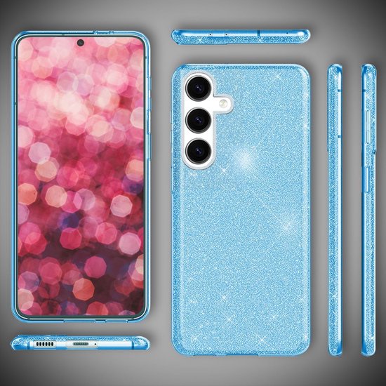 Casemania Coque & Glas Adapté pour Samsung Galaxy A16 - Blauw - Coque Arrière Glitter - 2x Protecteur d'écran en Verres