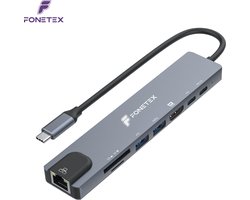 FoneTex USB C Hub – 1x HDMI 4K – 1x Ethernet – 2x USB-C – 2x USB-A – 2x Kaartlezers – USB Splitter – Geschikt voor Macbook Pro / Air / Windows / Universeel