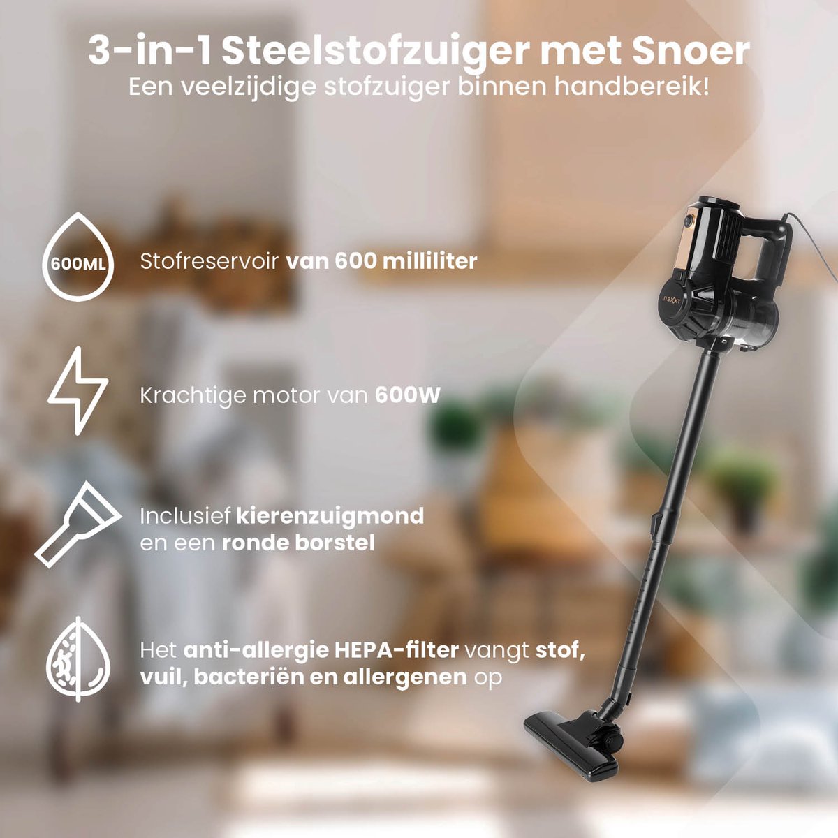 Nexxt 3-in-1 Steelstofzuiger met Snoer – Krachtig & Lichtgewicht – Met Kruimeldief – Voor Snel Dagelijks Schoonmaken - 600Watt – foto 2