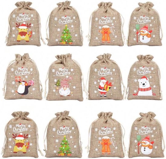 Kerst zakjes | Jutte zakjes | 6 stuks | recyle | Kerstmis | Kerstman | Rendier | Sneeuwpop | Willekeurig