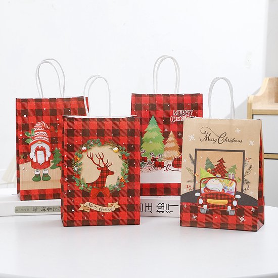 8 x Kersttassen - 27*21*11 cm- Rood Kraft papier tassen - Model Kerst Rendier - 4 Verschillende patronen - 2 van elk - Kerst tassen - Kerst Cadeau zakjes - Kerstverpakking