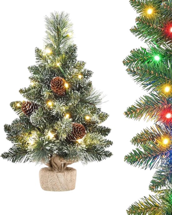 Zilverspar Mini kerstboom met LED verlichting en sneeuw - Kunstkerstboom 40cm - Kleine boom met verlichting en decoratie - Kunstboom - Kerststukje - Christmas Tree - RGB lampjes