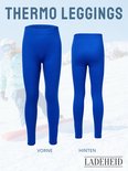 Koningblauw thermolegging voor kinderen, van voren en van achteren getoond. Geschikt voor winterse activiteiten.
