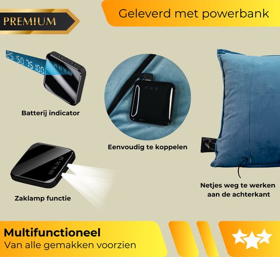 Premium blauw fluwelen warmtekussen, geleverd met powerbank voor eenvoudige koppeling en zaklampfunctie.