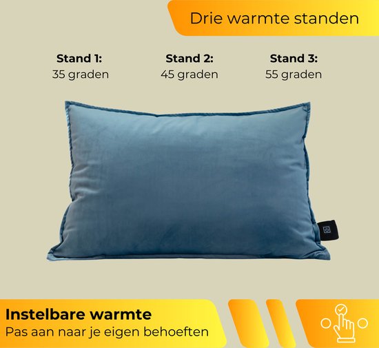 Blauw fluwelen warmtekussen met instelbare warmte en drie standen: 35, 45 en 55 graden.