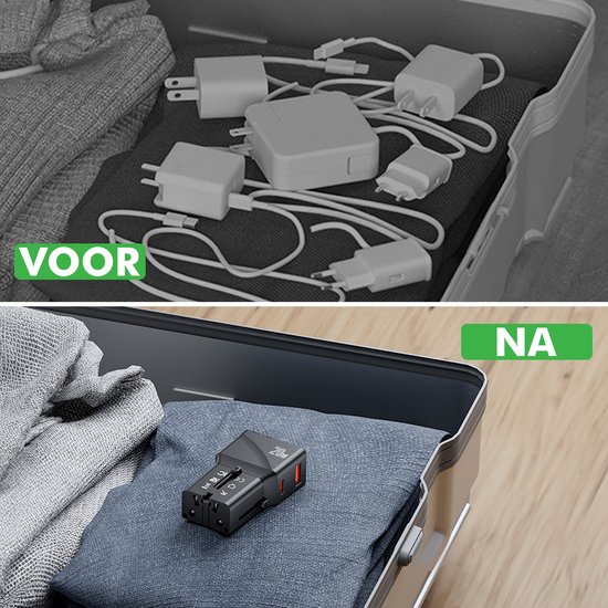 Vergelijking van een rommelige koffer vol stekkers (voor) en een opgeruimde koffer met één compacte reisstekker (na).