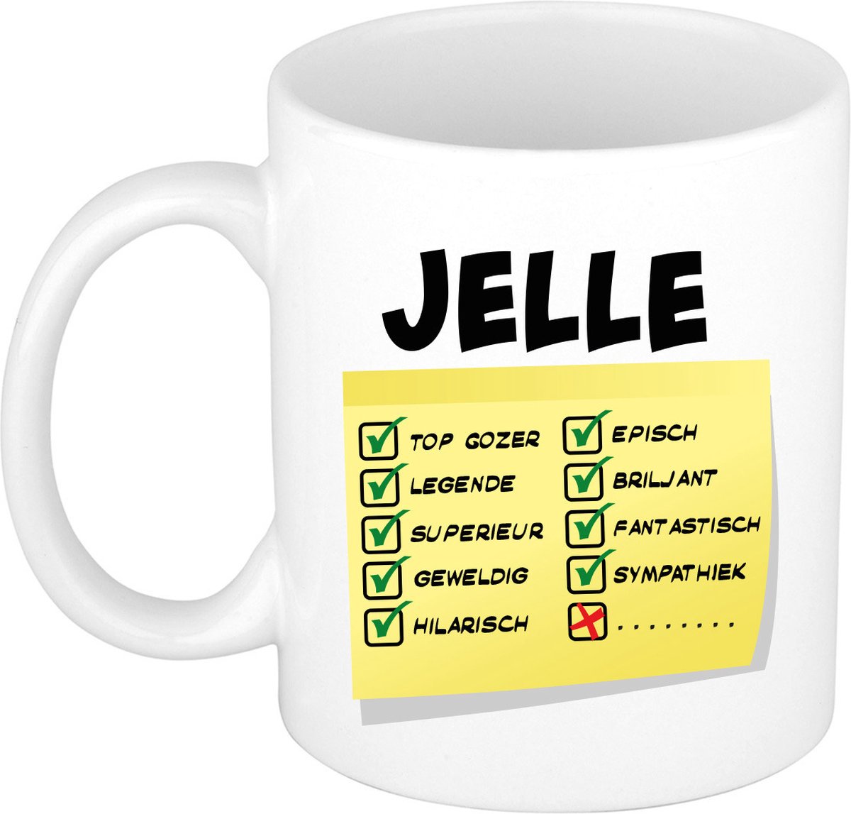 Bellatio Decorations Naam mok Jelle - wit - top gozer - keramiek - 300 ml - cadeau collega beker