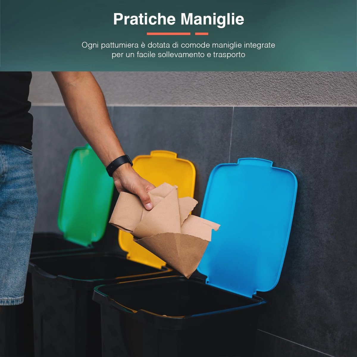 Lot De 3 Poubelles 50 L, Avec Couvercles à Code Couleur, Pour Un Tri