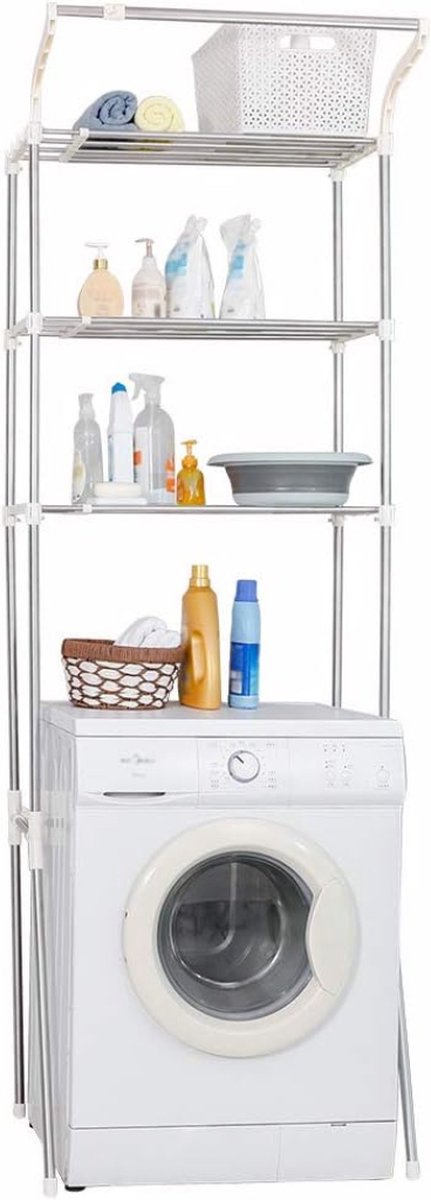 Drie-Laags Wasruimte Rek Boven Toilet/Wasmachine - Opbergplank Badkamer Organizer - Verstelbare Ruimtebesparende Planken met Kledinghanger - Lengte: 62-101 cm / 24,4-39,76 inch