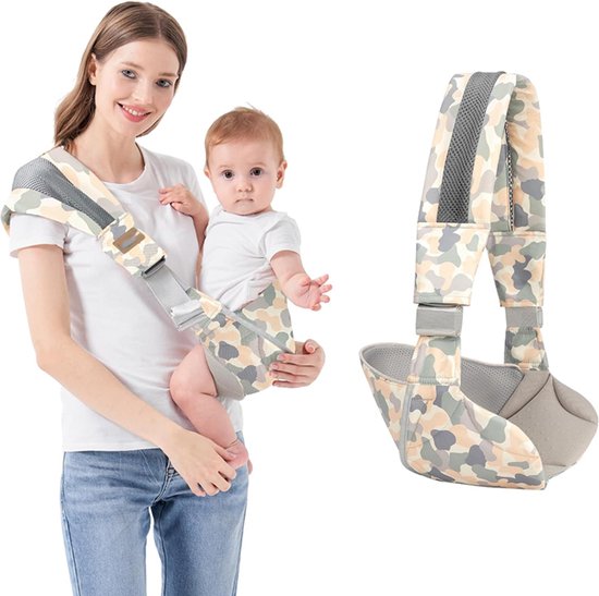 Draagzak - Ergonomische draagzak - Voordrager - Verstelbare draagzak met één schouder voor baby's - Heupdraagzak van mesh - Draagbare draagzak - Past op buik, heupen en rug - Camouflagepatroon