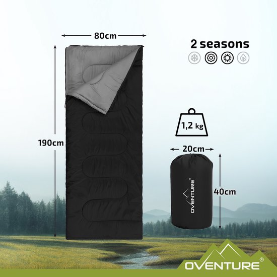 Oventure SleepPlus slaapzak - 190 x 80 cm - 3-seizoenen slaapzak - Comfortabel tot 8 °C - Voor kamperen, logeren en festivals - Zacht en luchtig materiaal - Geschikt voor volwassenen en kinderen - Met draagtas - Zwart van Oventure — afbeelding 3