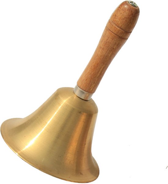 Koperkleurige handbel met houten handvat