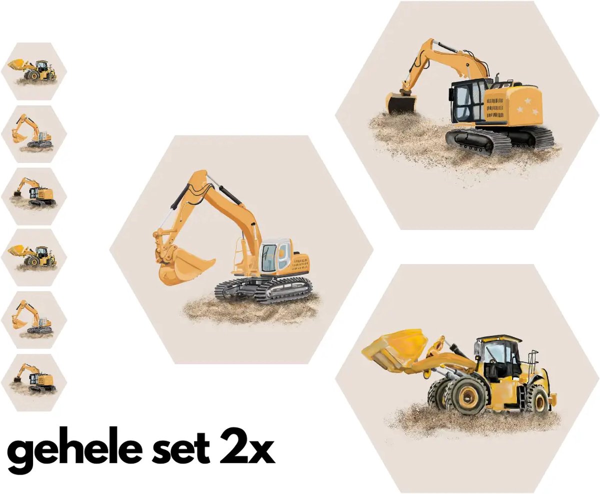 Designerwand Hexagons - Kinderkamer Muurdecoratie - Graafmachines Wanddeco Set Zesdelig - Combineer met Bijpassend Behang
