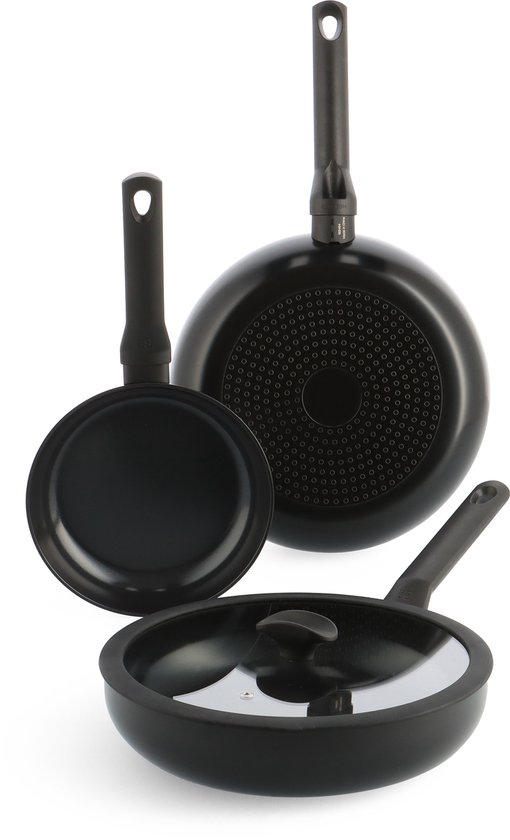 BK Enjoy Pannenset 3-delig - 20/28cm - 3.4L - PFAS-vrije antikleeflaag – Pannenset inductie – Keramische pan - Ovenbestendig tot 160°C – Hapjespan 28cm met deksel - Koudgrepen - Zwart