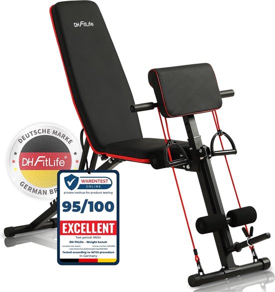 DH FitLife Halterbank, inklapbaar, met curlbank en beenstrekker, multifunctionele trainingsbank, fitnessbank, buiktrainer, 7 niveaus, verstelbaar