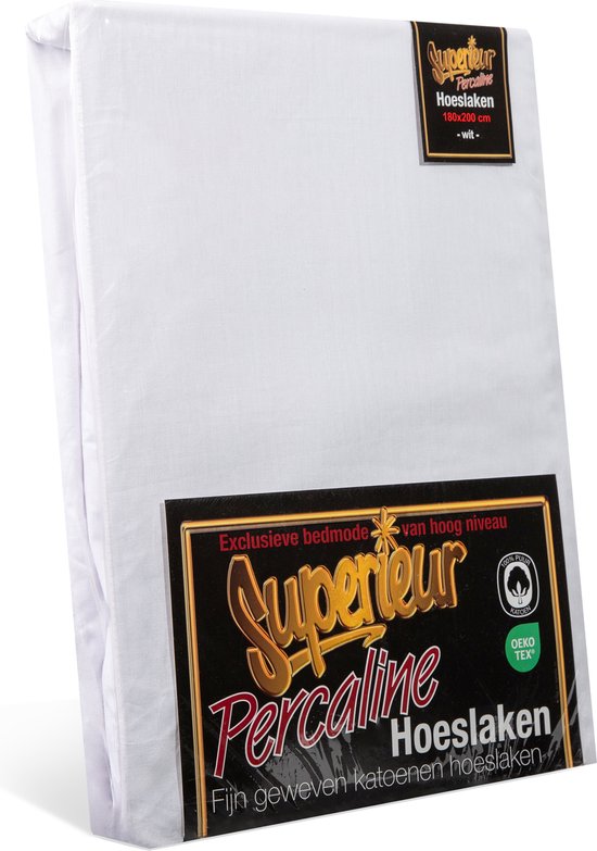 Wit katoenen hoeslaken van Superieur Percalline in verpakking met keurmerken.