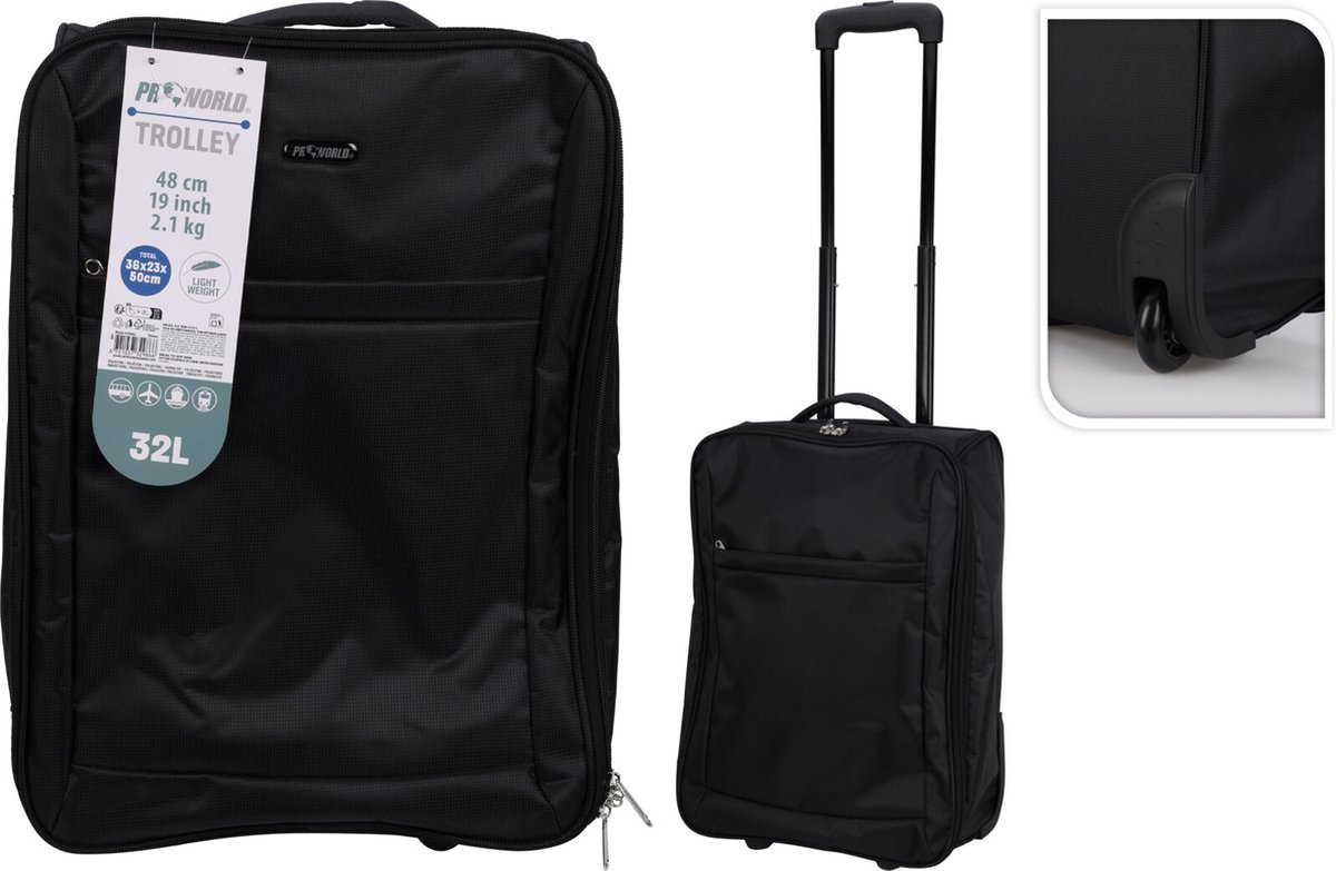 Proworld-trolley-reiskoffer-handbagage vliegtuig-zwart-wieltjes-lichtgewicht-2,1 kg