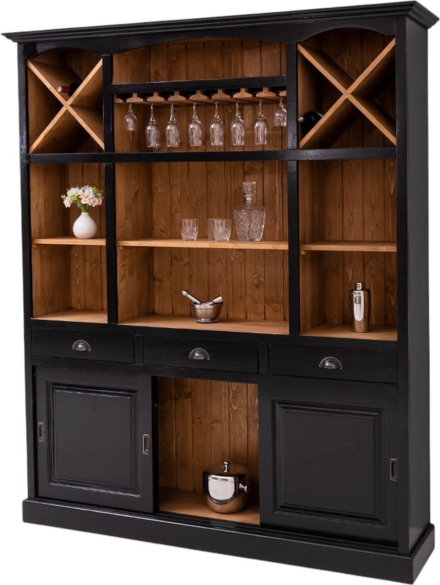 landelijk houten wijn-/drankkast met lades en schuifdeuren - zwart en warm geolied eiken - 180x41x210 cm