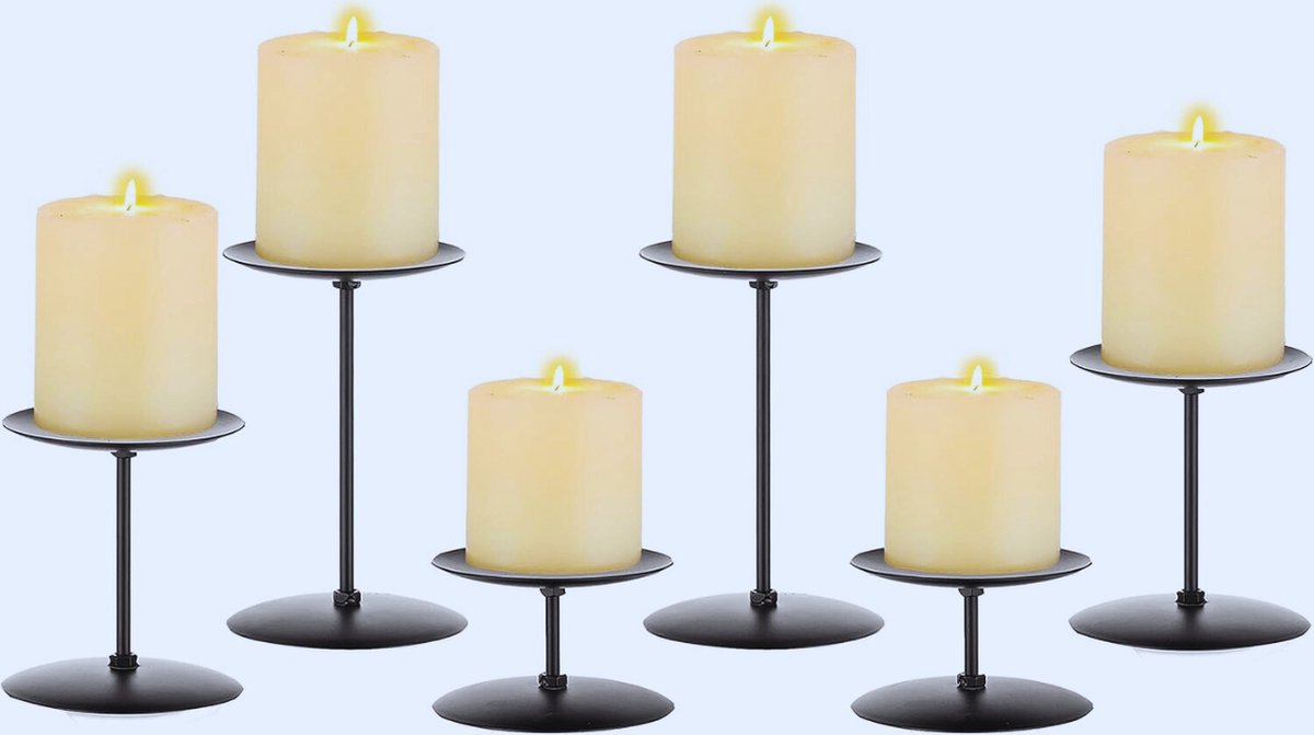 Set Van 6 Zwarte Metalen Kandelaars Voor Pilaar – Moderne Kerstdecoratie Voor Eettafel - Schoorsteenmantel En Bruiloft