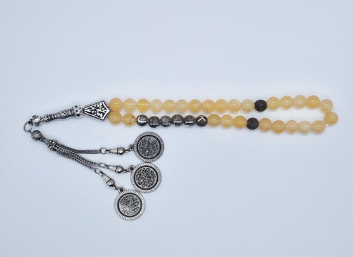Handgemaakte naam tasbih 33 Kralen Natuursteen “ Calciet geel” - met metaal tassel “Constantinopel"- Met je naam of de naam van uw geliefde- 8 mm diameter van de korrel