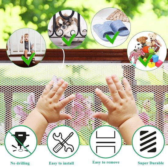 Kinderveiligheidsnet - Veiligheidshek - 300x79 cm - trapgaas - Veiligheidsnet - wit - Oprolbaar - Baby Veiligheid - Instelbare - voor trapleuningen, balkonbedjes, leuningen