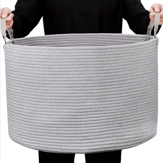 Opvouwbare wasmand, waszak, rond, 120 liter, 61 x 40 cm, extra groot, gevlochten van katoen, wasverzamelaar, opbergmand, opvouwbaar, voor badkamer of kinderkamer, bruin - zwart