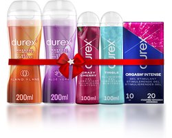 Durex - 4 Glijmiddelen en 1 Stimulerende gel - 2 in 1 Aloë Vera 200ml - 2 in 1 Sensitive - Play Tingle Gel 100ml - Crazy Cherry (Kers) 100ml - Orgasm Intense Stimulerende Gel 10ml - Voordeelverpakking - Cadeau voor man en vrouw