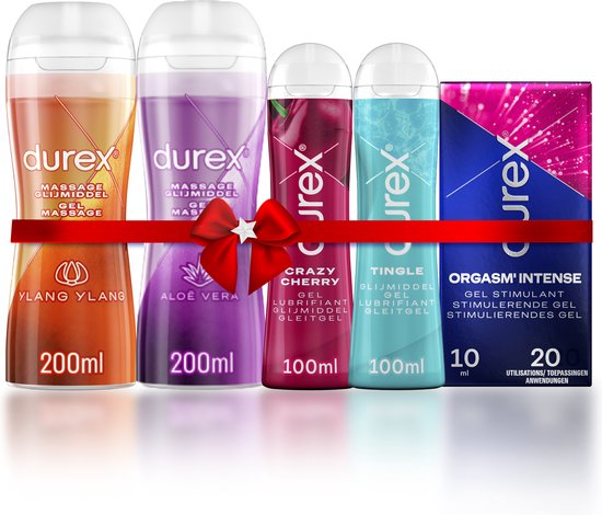 Durex - 4 Glijmiddelen en 1 Stimulerende gel - 2 in 1 Aloë Vera 200ml - 2 in 1 Sensitive - Play Tingle Gel 100ml - Crazy Cherry (Kers) 100ml - Orgasm Intense Stimulerende Gel 10ml - Voordeelverpakking - Cadeau voor man en vrouw