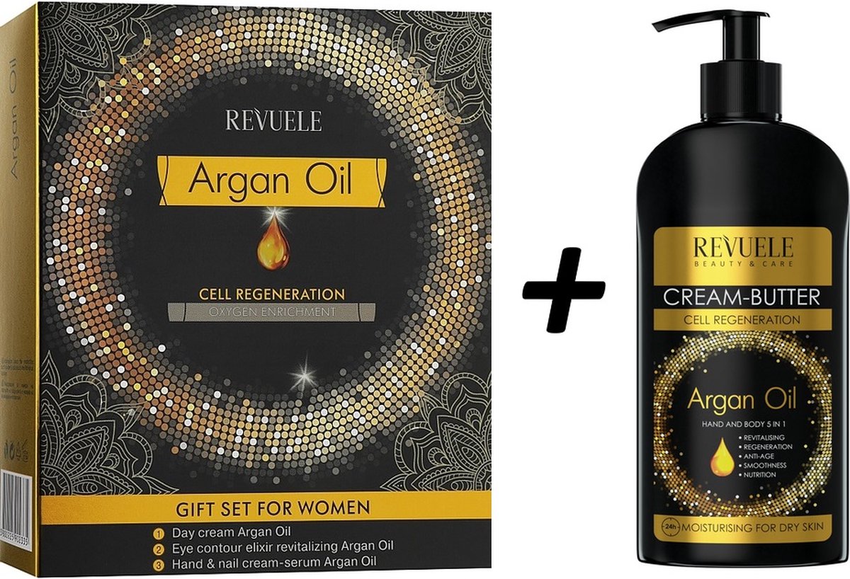 Goedkoopste Revuele Argan Oil Cream-Butter 400ml Arganolie Geschenkset – 5-in-1 Luxe Verzorging voor de Huid Gezichtscrème, Hand- en Nagelcrème en Oog Elixir voor Hydratatie en Verjonging