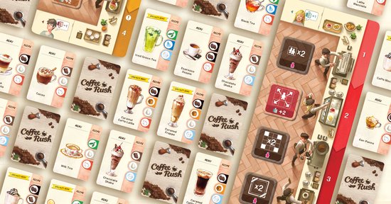 Overzicht van de kaarten en spelonderdelen van Coffee Rush, inclusief drankjes en ingrediënten.
