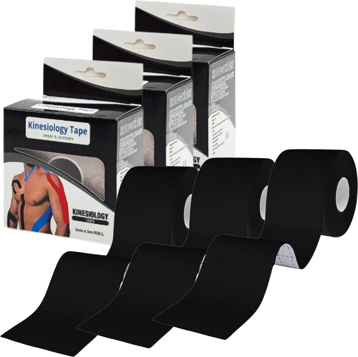 MyBodyFuel - Kinesiologie Tape - Sporttape - 5cm Breed - 5m Lang - Zwart - 3 Stuks