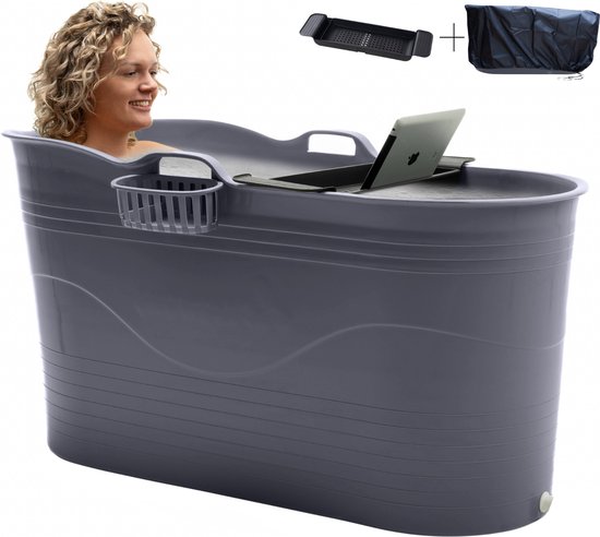 HelloBath® - Bath Bucket XL (Comfort) - Donker Grijs - 122 cm - Zitbad voor volwassenen - IJsbad - met rekbare Afvoerslang tot 3 meter - EXTRA's: Badplank, Kraantje en Beschermhoes