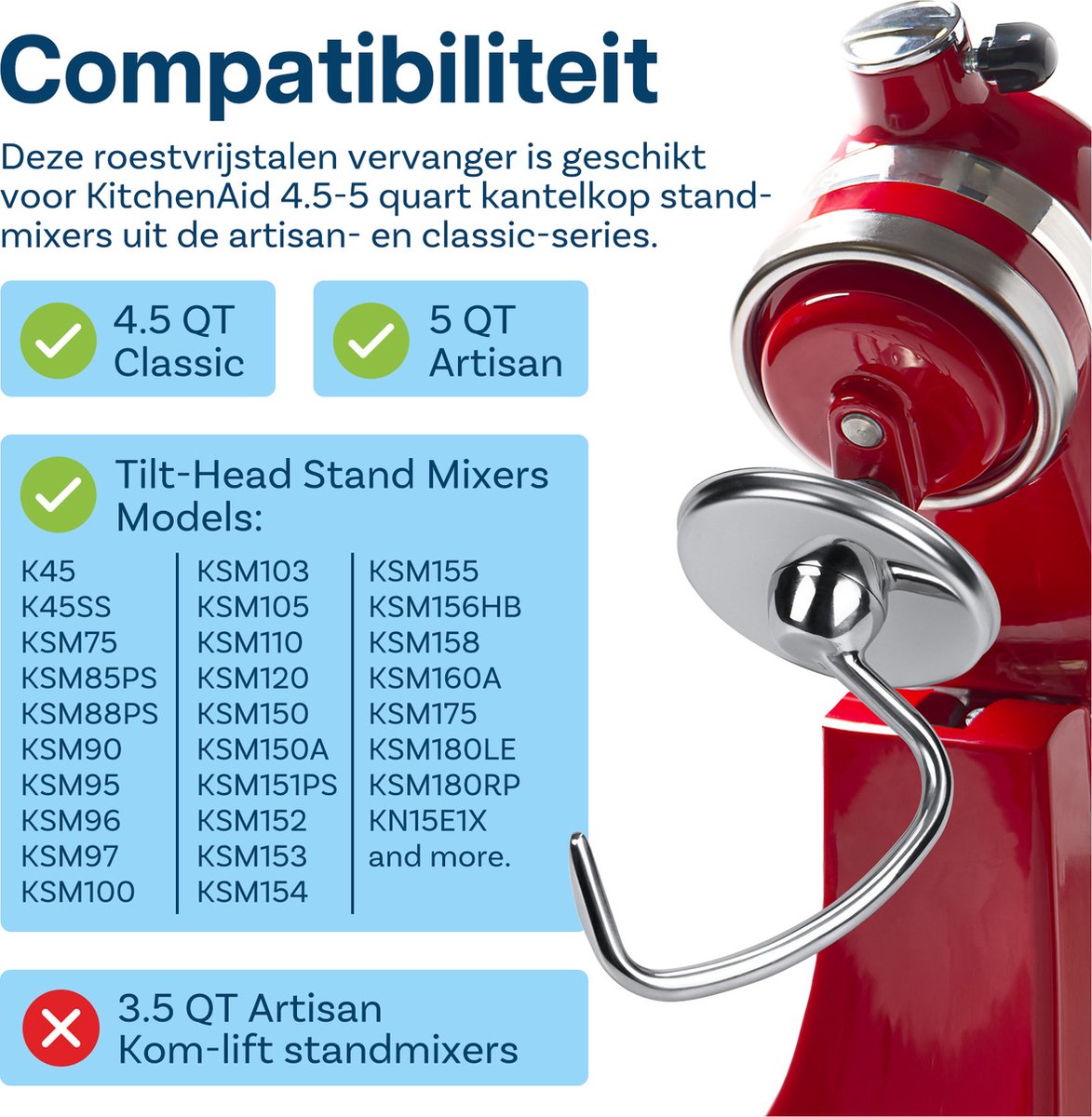 Roestvrijstalen Deeghaak K45DH voor KitchenAid 4,5-5 Quart Tilt-Head Stand Mixers Artisan & Classic Series van MMOBIEL - Vervangende Broodhaak - Mengaccessoire Vervanging – Vaatwasmachinebestendig thumbnail 2
