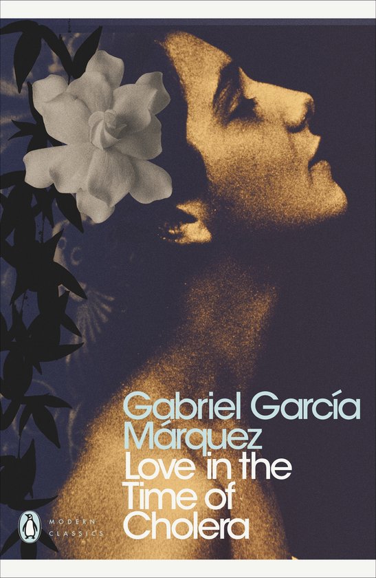 Couverture du livre 'Love in the Time of Cholera' de Gabriel García Márquez avec une femme et une fleur.