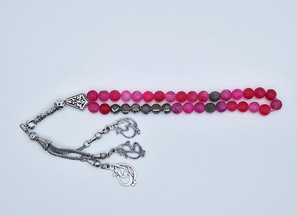 Handgemaakte naam tasbih 33 Kralen Natuursteen “Banded Agaat Magenta roze” - met metaal tassel “Mijn moeder"- Met je naam of de naam van uw geliefde- 8 mm diameter van de korrel