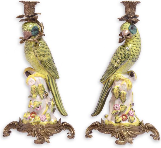 Foto: Kandelaar papegaai set van porselein met bronzen montuur decoratieve vogel kandelaar antieke stijl kaarsenhouder luxe woonaccessoires voor sfeervolle verlichting