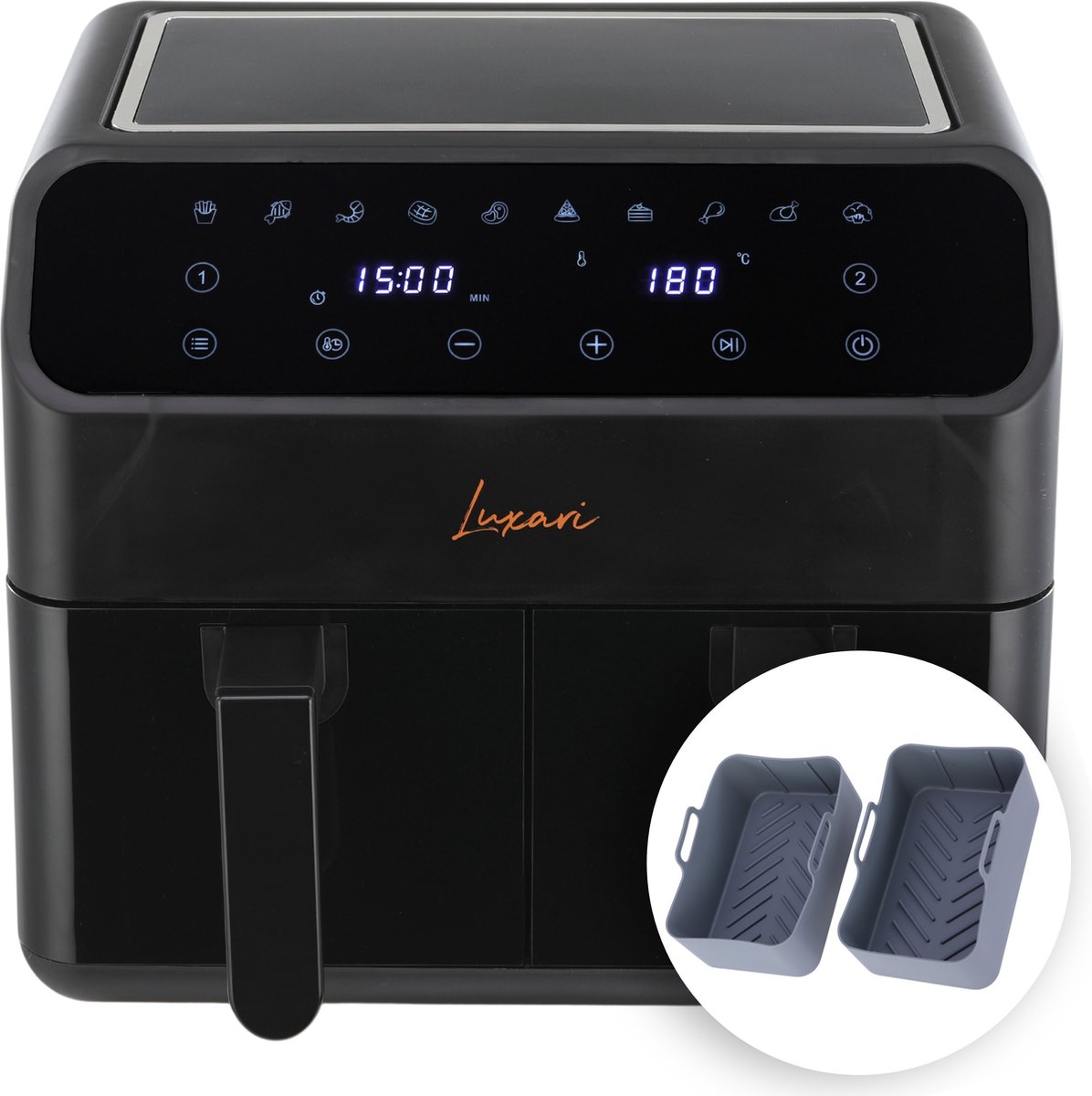 Afbeelding 2 van Luxari - Dubbele Airfryer XXL - Twee Kookvakken - 2800 Watt - 10 Programma's - Inclusief 2 Beschermende Siliconen Beschermbakken - 8 Liter - Digitale Thermometer - Dual Zone Technologie