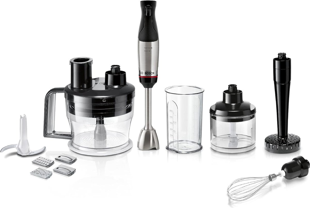 Bosch staafmixer ErgoMaster Serie 6 MSM6M673, 10 jaar motorgarantie, roestvrijstalen messen, slijtvaste keramische koppeling, luchtkoeling, hakmolen, aardappelstamper, garde, 1000 W