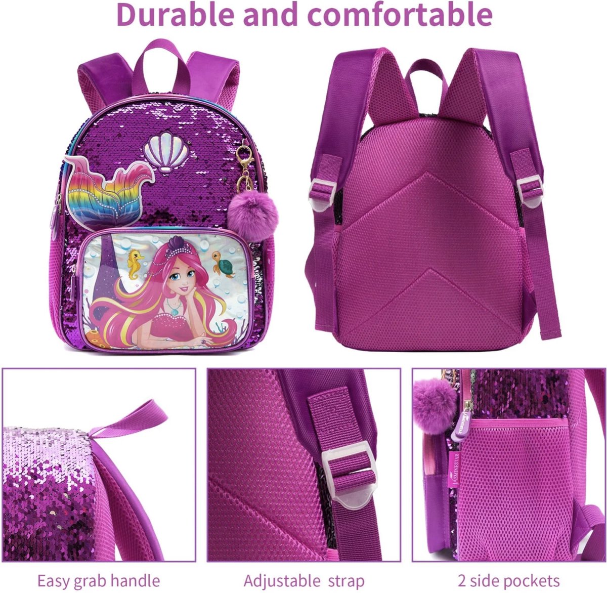 Joya Kids® Mermaid Schooltas Pailletten | Rugzak Meisje | Mermaid rugtas | Zeemeermin rugzak | Backpack meisjes | Paarse Pailletten en Glitter Tas met Etui | 33 x 26 cm | Groep 1 - 4 | 10 Liter – foto 3