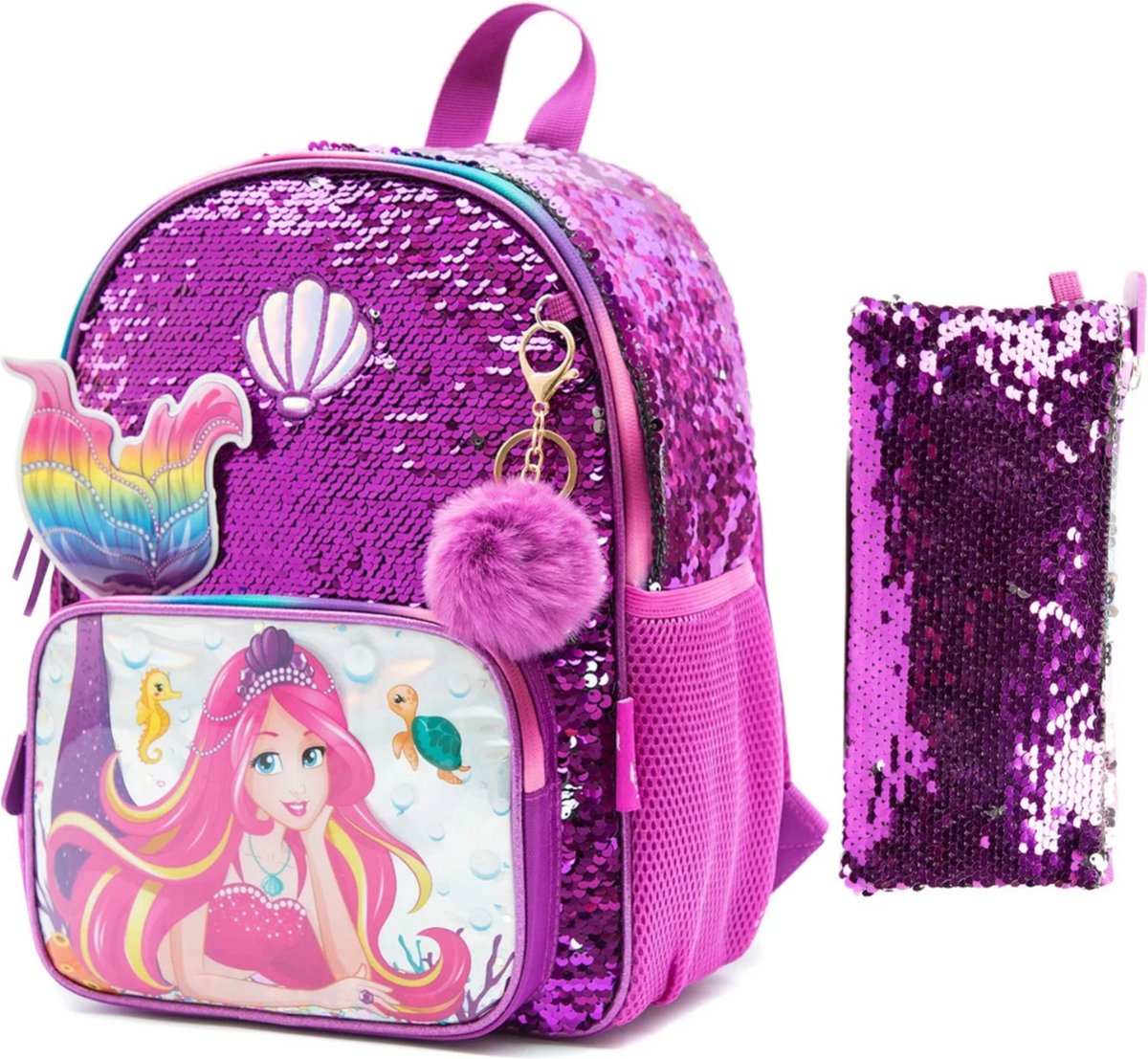 Joya Kids® Mermaid Schooltas Pailletten | Rugzak Meisje | Mermaid rugtas | Zeemeermin rugzak | Backpack meisjes | Paarse Pailletten en Glitter Tas met Etui | 33 x 26 cm | Groep 1 - 4 | 10 Liter