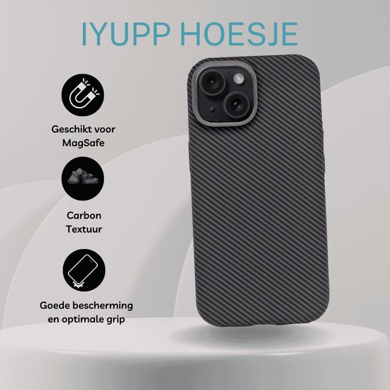 IYUPP Hoesje geschikt voor iPhone 15 Hoesje Carbon - Geschikt voor MagSafe - Carbon Textuur - Shockproof Back Cover - Zwart