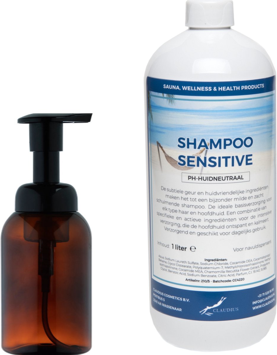Zeepdispenser 300 ml amber bruin hervulbaar + 1 liter Shampoo Sensitive Care navulling