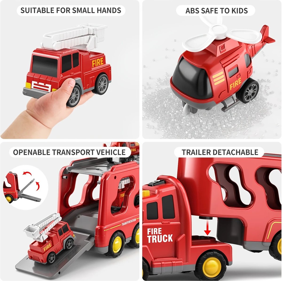 Speelgoed vrachtwagen 33cm met licht en geluid en vier kleine auto's - oplegger - speelgoed truck - brandweer - ONELIV — afbeelding 4
