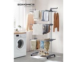 Songmics Grote Droogrek, Opvouwbaar Droogrek met 4 Lagen, Verplaatsbaar Rek 64 x 126 x 172 cm, Roestvrij Staal, Opvouwbare Vleugels, Eenvoudige Montage, Voor Binnen- en Buitengebruik, Grijs, LLR701G01